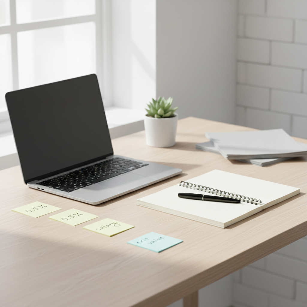 Person doing calculations with a laptop, notes showing equity and salary figures