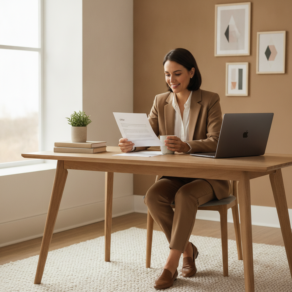 Person reviewing an offer letter at a desk with a cup of coffee and a laptop.