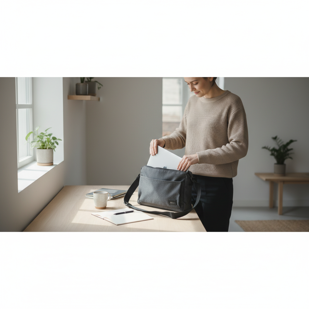 Person packing a laptop into a bag at an office desk, calm and organised