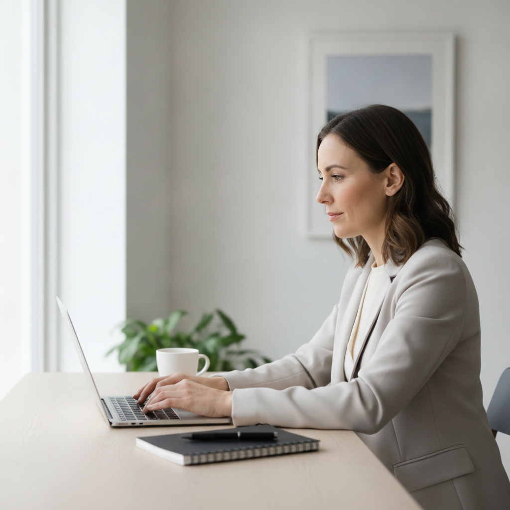 Person composing a professional follow-up email after an interview at a tidy desk